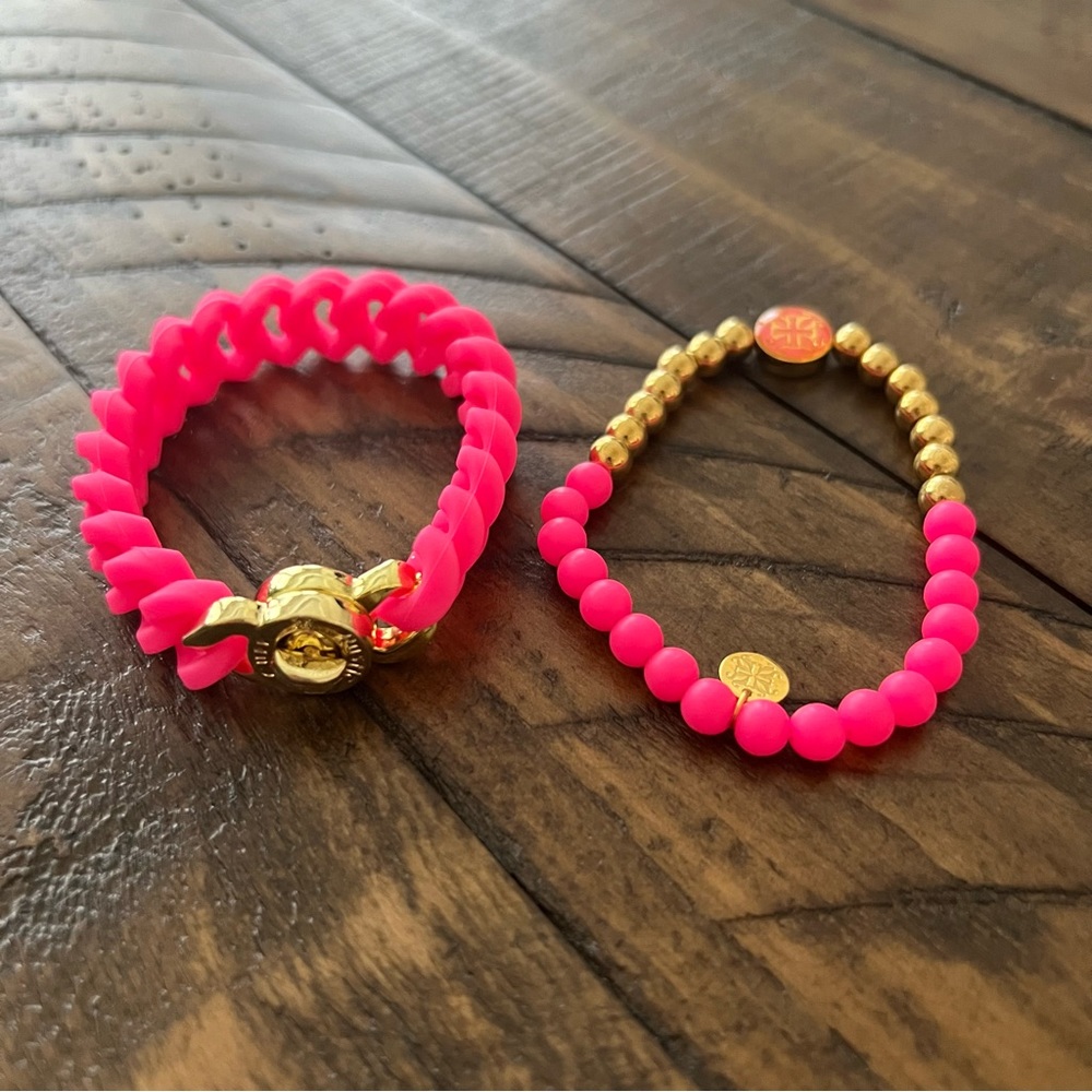 Rustic Cuff Gold Bright Neon Pink Rubber Chain Bracelet Set (2)